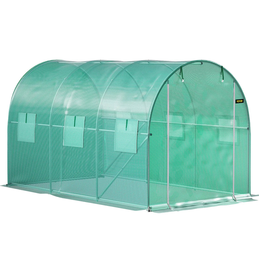 VEVOR Walk-in Tunnel Greenhouse, 12 x 7 x 7 ft Portable Plant Hot House w/ Galvanized Steel Hoops, 1 Top Beams, 2 Diagonal Poles, 2 Zippered Doors & 6 Roll-up Windows, Green