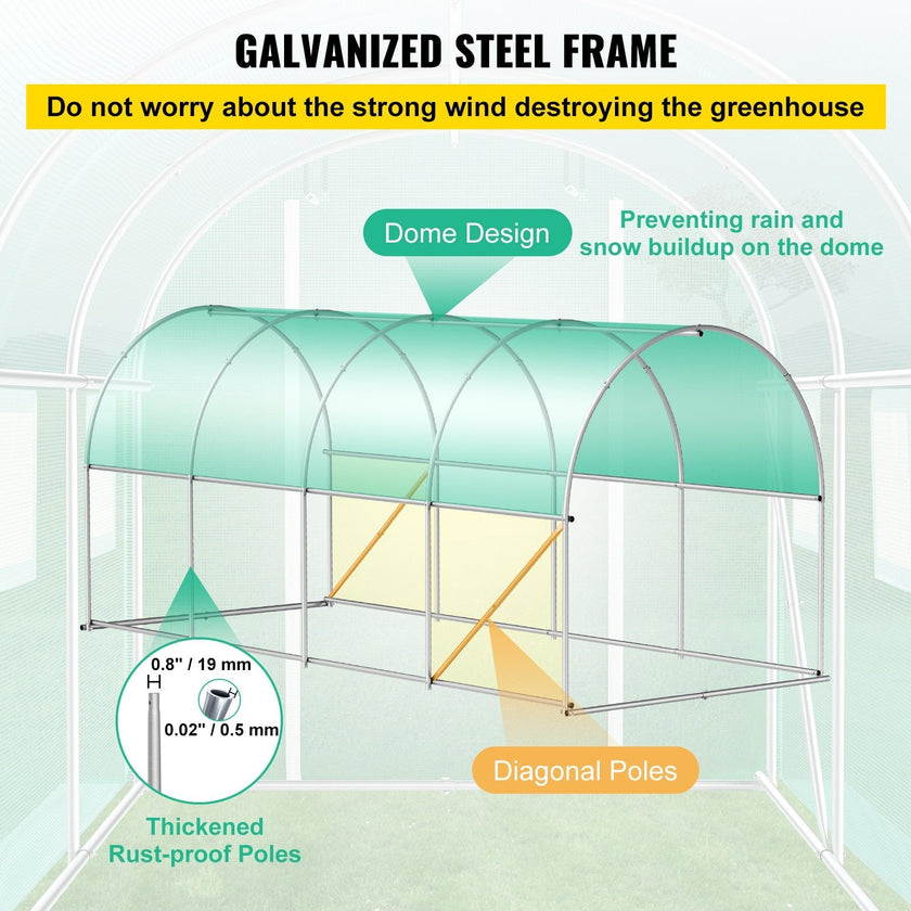 VEVOR Walk-in Tunnel Greenhouse Galvanized Frame & Waterproof Cover 15x7x7 ft