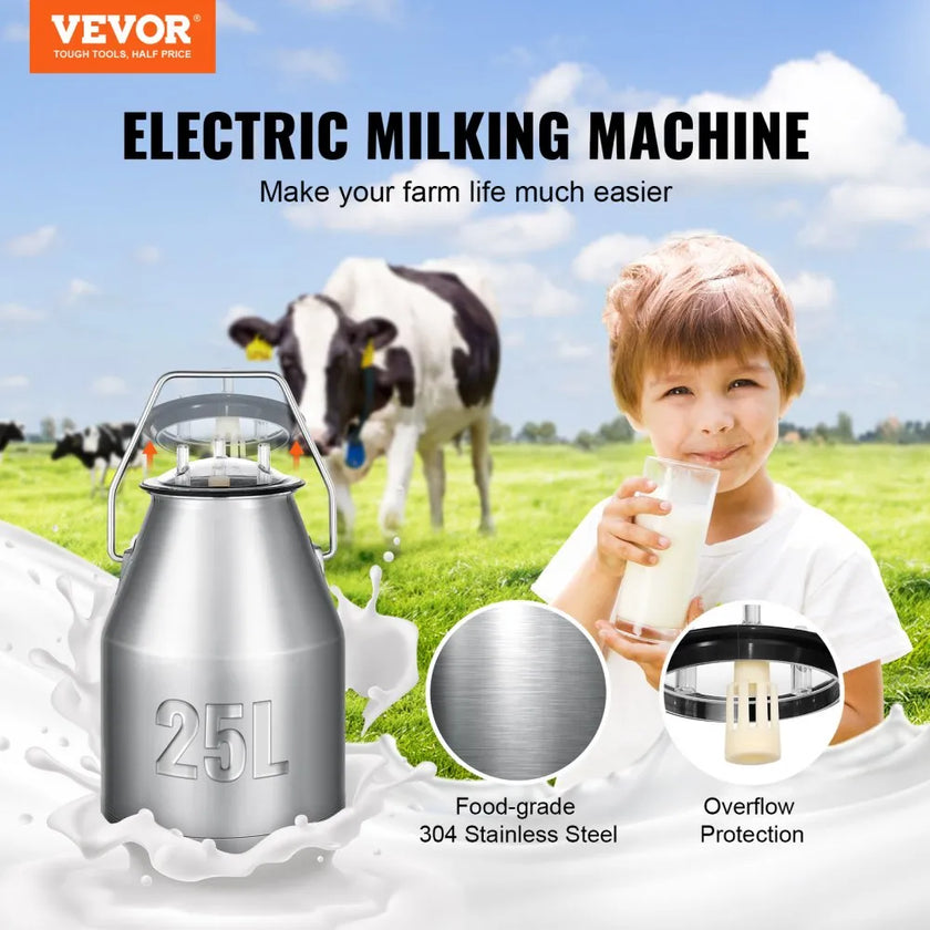 VEVOR Electric Cow Milking Machine, 6.6 Gal / 25 L 304 Stainless Steel Bucket, Automatic Pulsation Vacuum Milker, Portable Milker with Food-grade Silicone Cups and Tubes, Adjustable Pressure