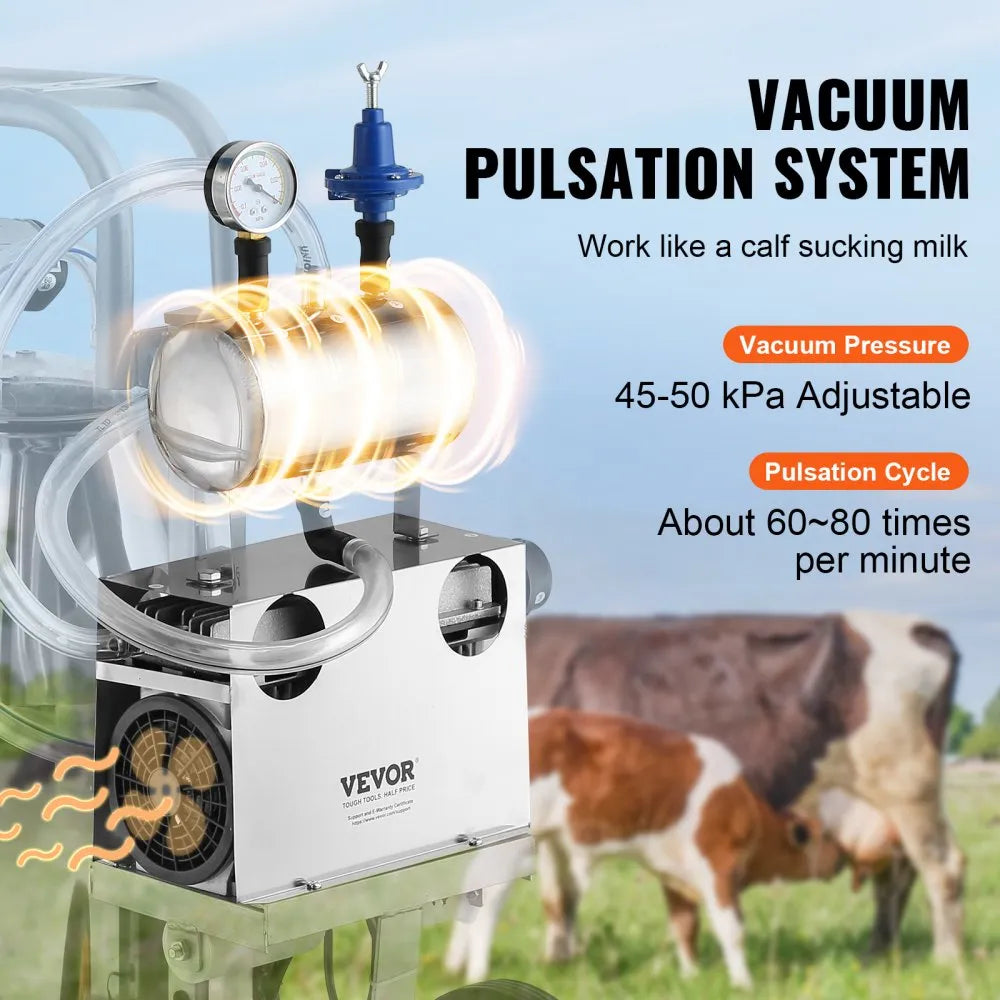 VEVOR Electric Cow Milking Machine, 6.6 Gal / 25 L 304 Stainless Steel Bucket, Automatic Pulsation Vacuum Milker, Portable Milker with Food-grade Silicone Cups and Tubes, Adjustable Pressure