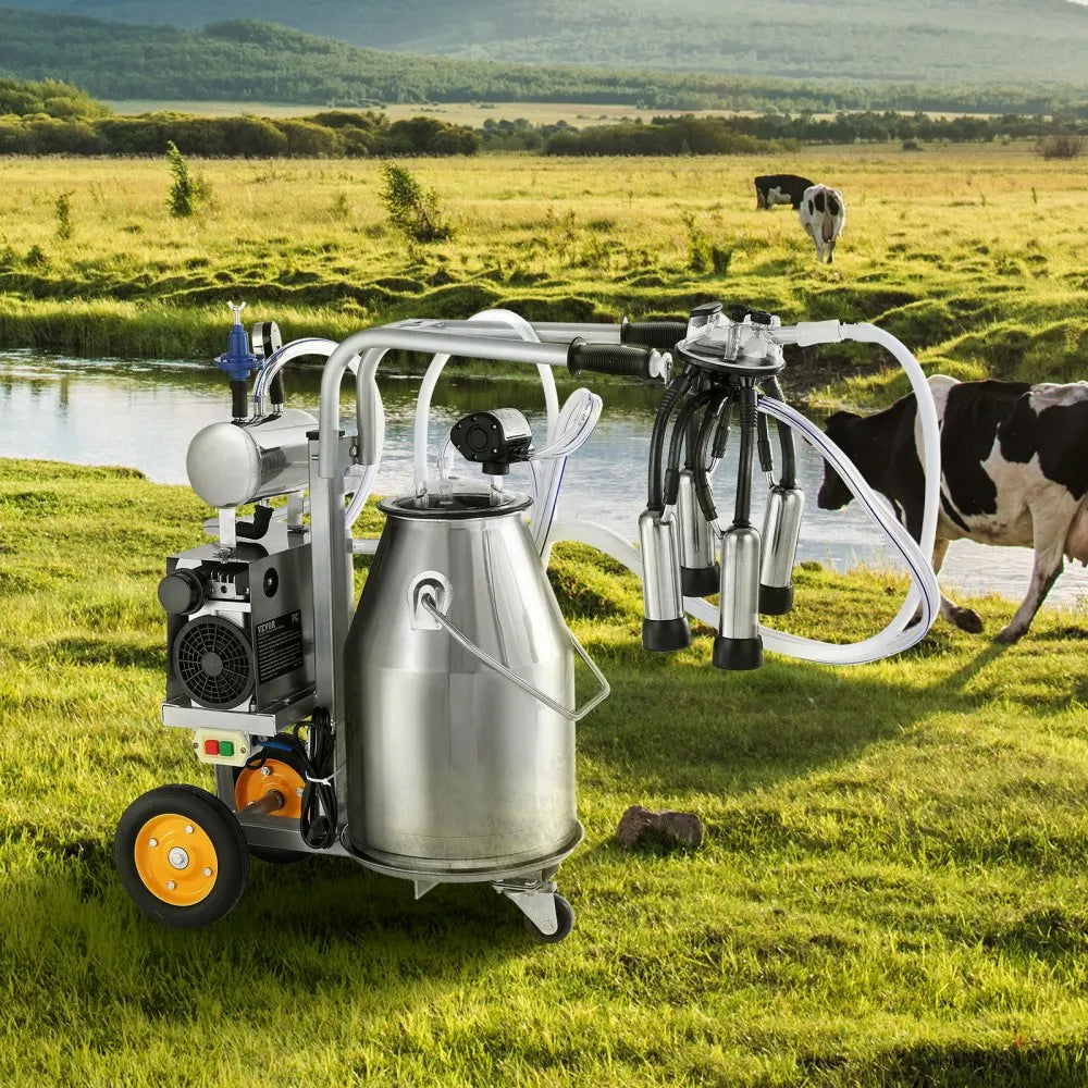 VEVOR Electric Cow Milking Machine, 6.6 Gal / 25 L 304 Stainless Steel Bucket, Automatic Pulsation Vacuum Milker, Portable Milker with Food-grade Silicone Cups and Tubes, Adjustable Pressure