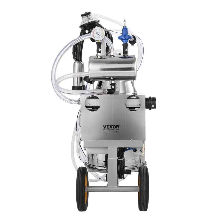 VEVOR Electric Cow Milking Machine, 6.6 Gal / 25 L 304 Stainless Steel Bucket, Automatic Pulsation Vacuum Milker, Portable Milker with Food-grade Silicone Cups and Tubes, Adjustable Pressure