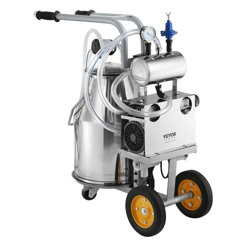VEVOR Electric Cow Milking Machine, 6.6 Gal / 25 L 304 Stainless Steel Bucket, Automatic Pulsation Vacuum Milker, Portable Milker with Food-grade Silicone Cups and Tubes, Adjustable Pressure