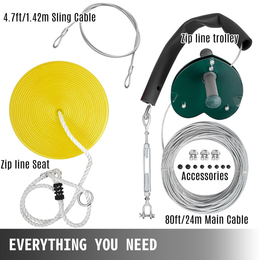 VEVOR 80ft Yellow Zip Line Kit Kids Adult Zip Line Trolley Slackers Zip Lines with Seat and Handle Heart Shaped Trolley for Backyard Entertainment