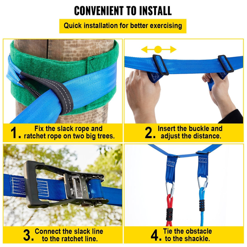 VEVOR Warrior Course, 80ft Slackline Obstacle Course, obstacle course for kids w/ 250lb Max Capacity, Slackline Training Line w/ Hanging Activities Accessories, Obstacle Course Equipment for Backyard