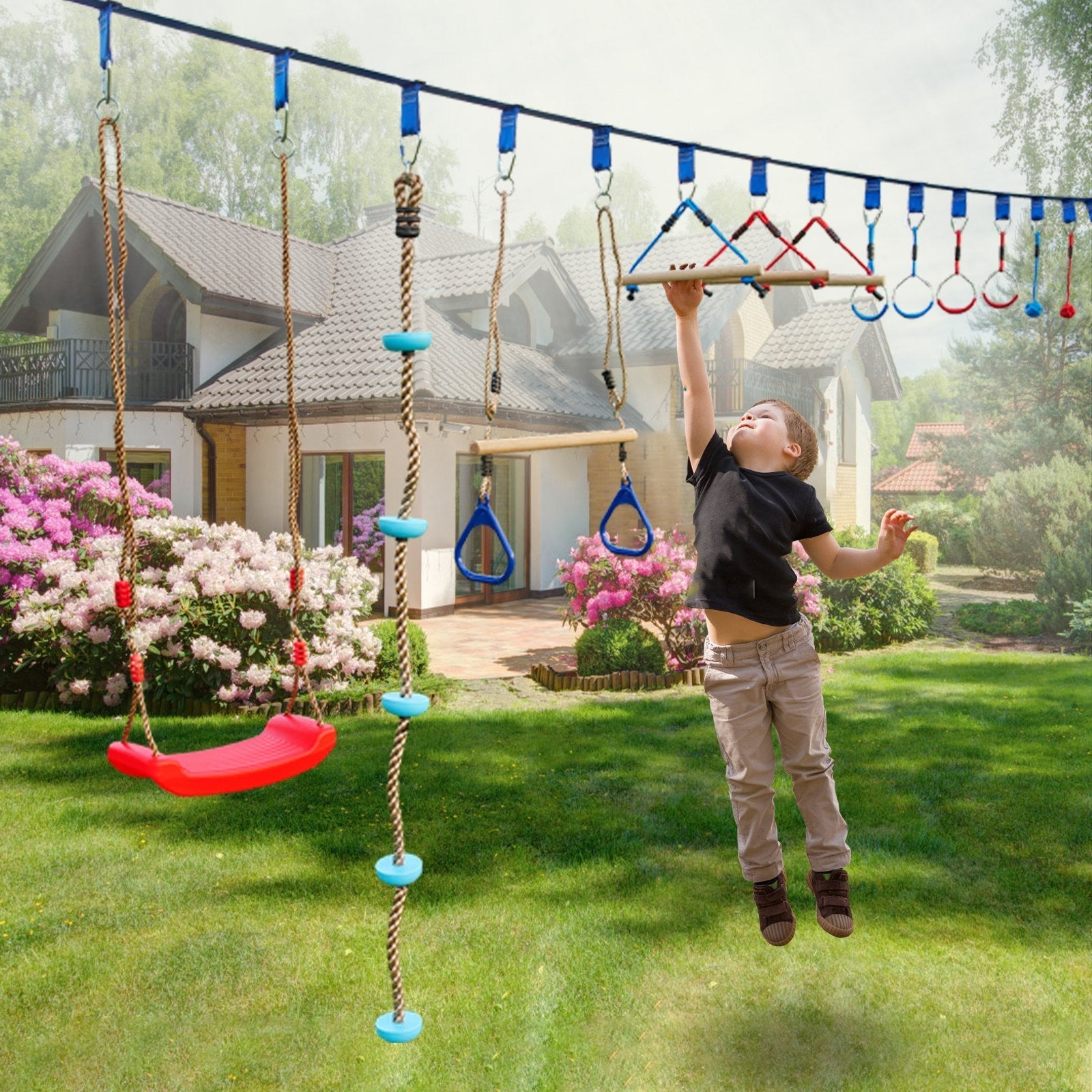 VEVOR Warrior Course, 80ft Slackline Obstacle Course, obstacle course for kids w/ 250lb Max Capacity, Slackline Training Line w/ Hanging Activities Accessories, Obstacle Course Equipment for Backyard