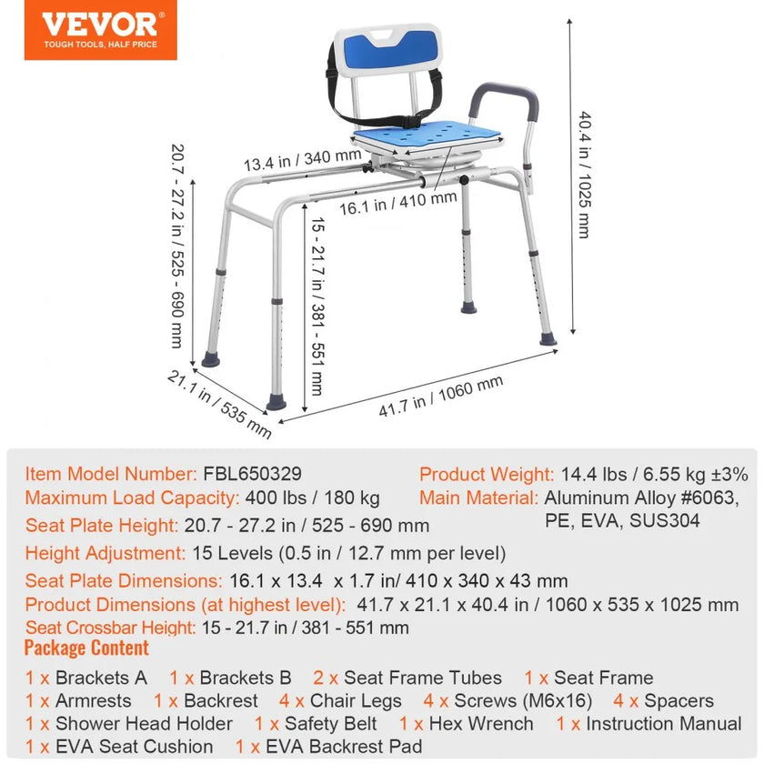 VEVOR Sliding Tub Transfer Bench Shower Chair with 360 Degree Swivel Seat 400LBS