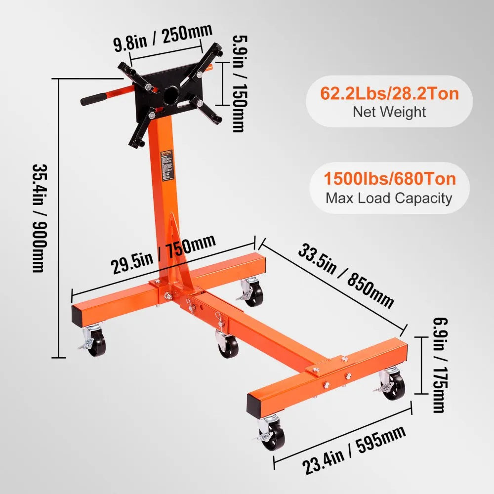 VEVOR Engine Stand, 1500LBS Rotating Engine Stand with 360 Degree Adjustable Head, Folding Steel Engine Block Stand, 5-Caster, 4 Adjustable Arms, for Vehicle Maintenance