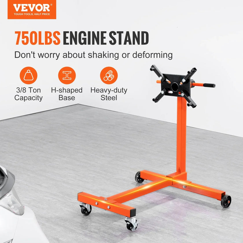 VEVOR Engine Stand, 750LBS Rotating Engine Stand with 360 Degree Adjustable Head, H-shaped Steel Engine Block Stand, 4-Caster, 4 Adjustable Arms, for Vehicle Maintenance