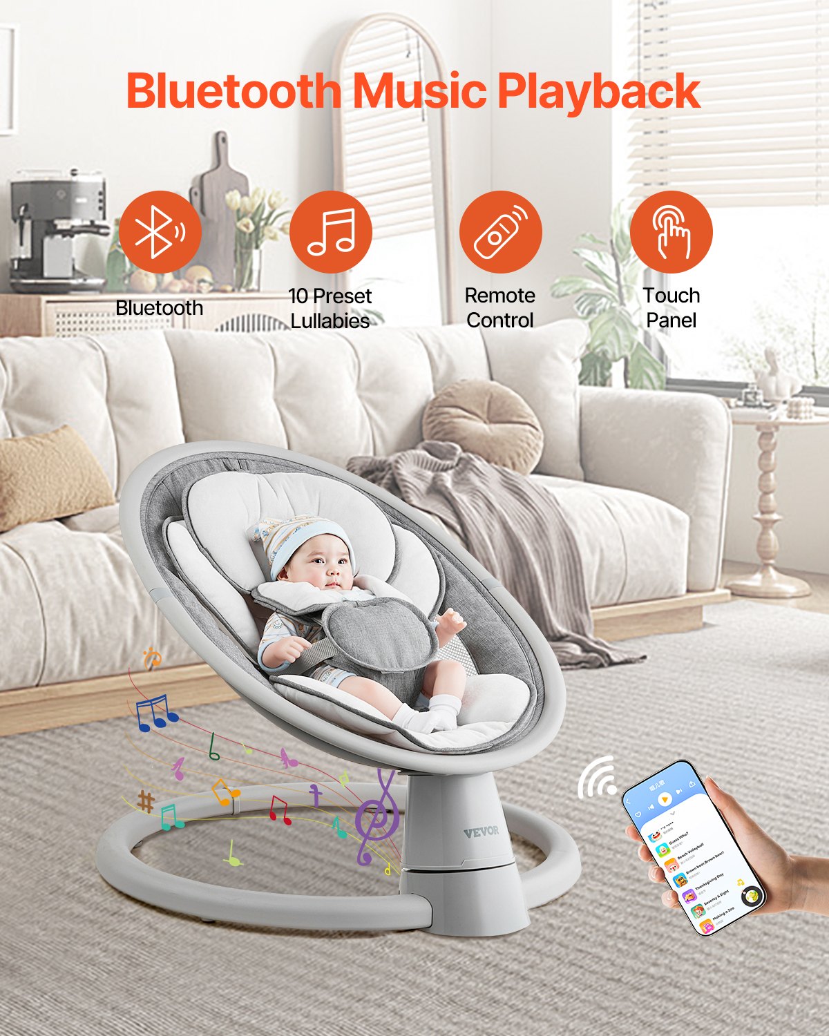 VEVOR Baby Swing for Infants 5 Speeds Remote Control Bluetooth Lullabies Cushion