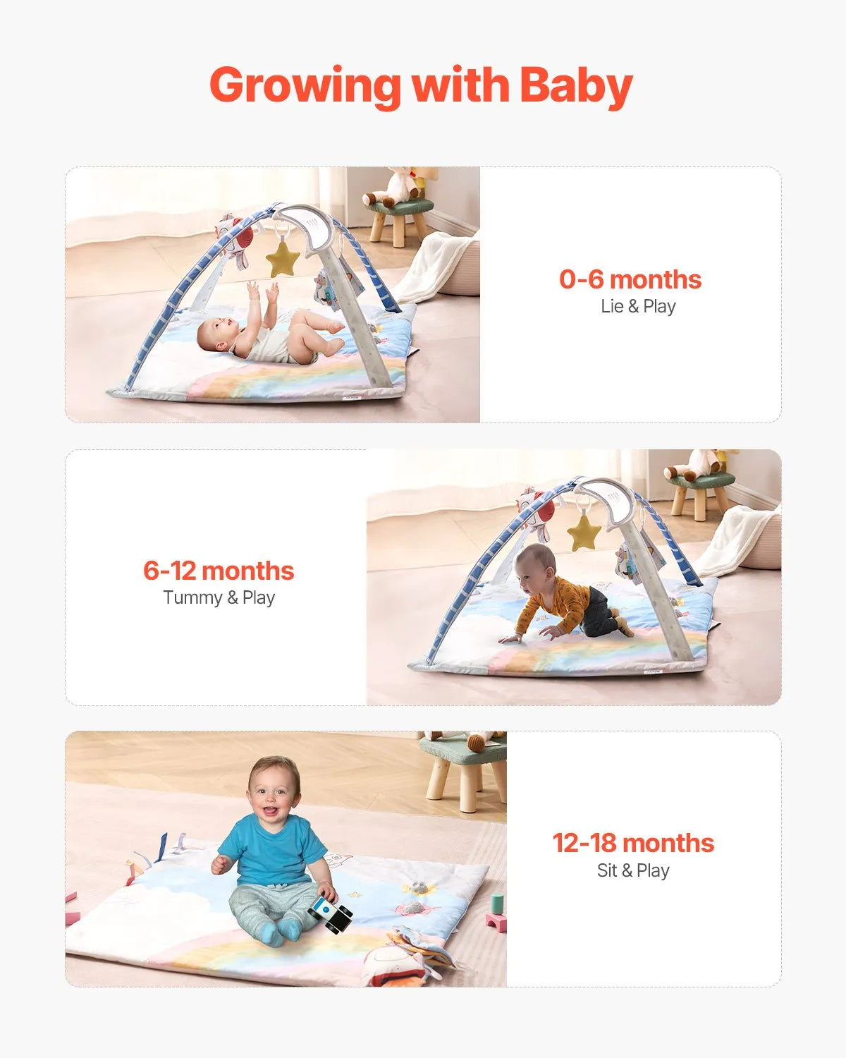 VEVOR Baby Play Gym Mat Tummy Time Activity Mat with 6 Sensory Toy 35.0