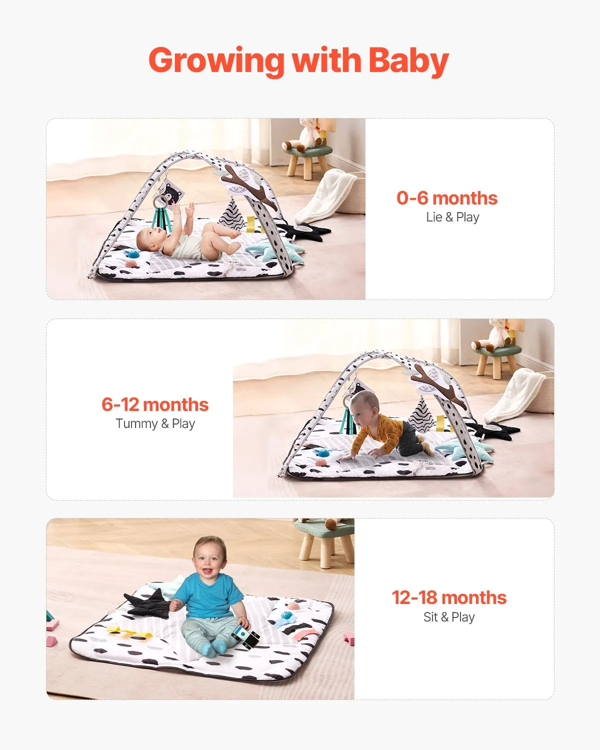 VEVOR Baby Play Gym Mat Tummy Time Activity Mat with 6 Sensory Toy 34.4