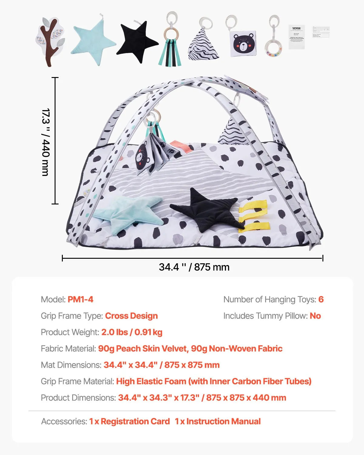 VEVOR Baby Play Gym Mat Tummy Time Activity Mat with 6 Sensory Toy 34.4