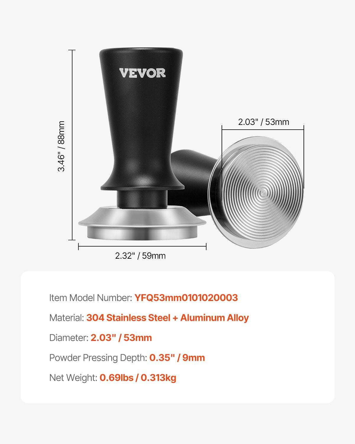 VEVOR 53mm Espresso Tamper Stainless Steel Coffee Tamper with Spring