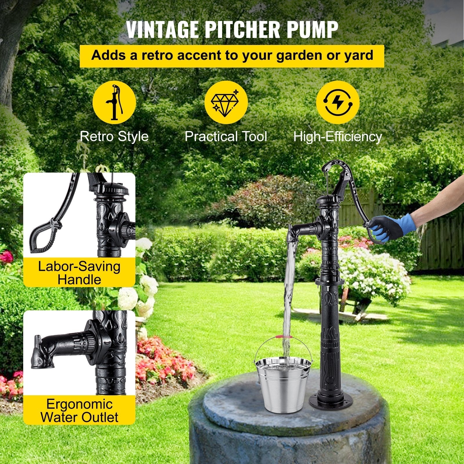 VEVOR Hand Water Pump w/ Stand, 15.7 x 9.4 x 53.1 inch Pitcher Pump & 26 inch Pump Stand w/ Pre-set 1/2