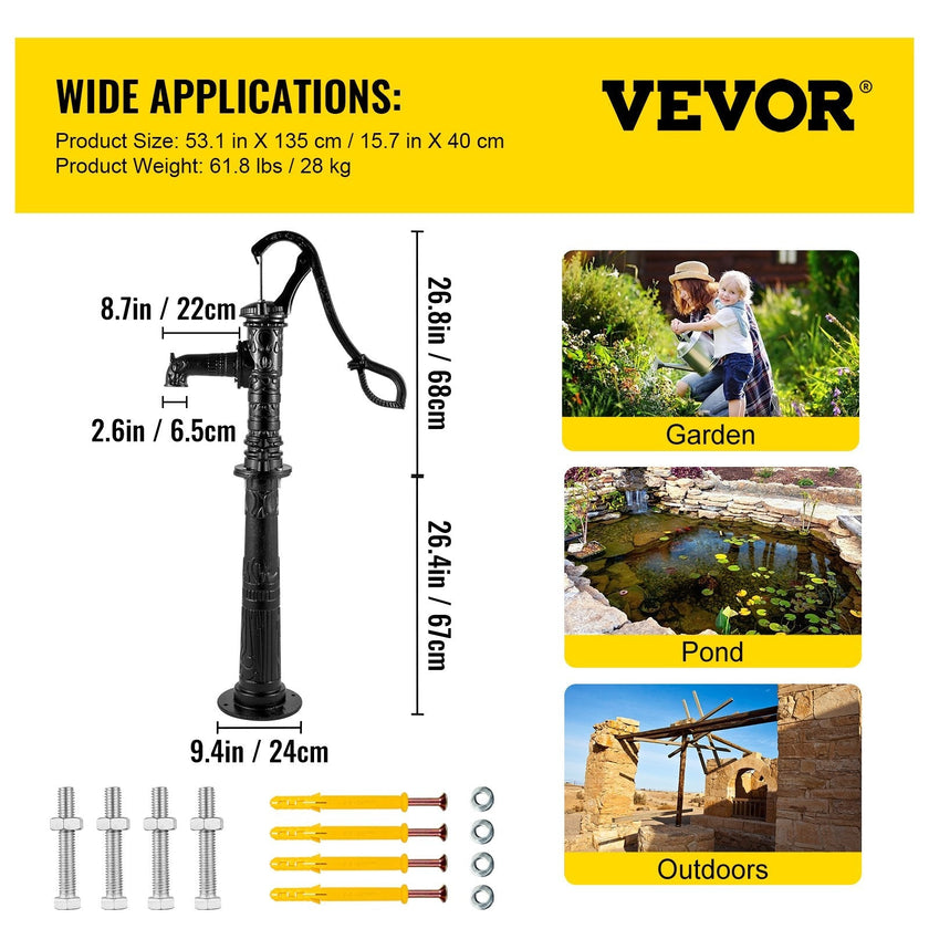 VEVOR Hand Water Pump w/ Stand, 15.7 x 9.4 x 53.1 inch Pitcher Pump & 26 inch Pump Stand w/ Pre-set 1/2