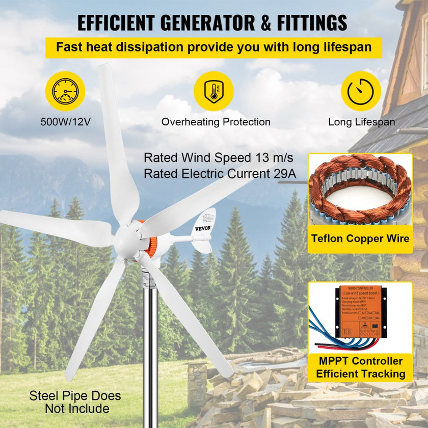 VEVOR Wind Turbine Generator, 12V/AC Wind Turbine Kit, 500W Wind Power Generator With MPPT Controller 5 Blades Auto Adjust Windward Direction Suitable for Terrace, Marine, Motor Home, Chalet, Boat