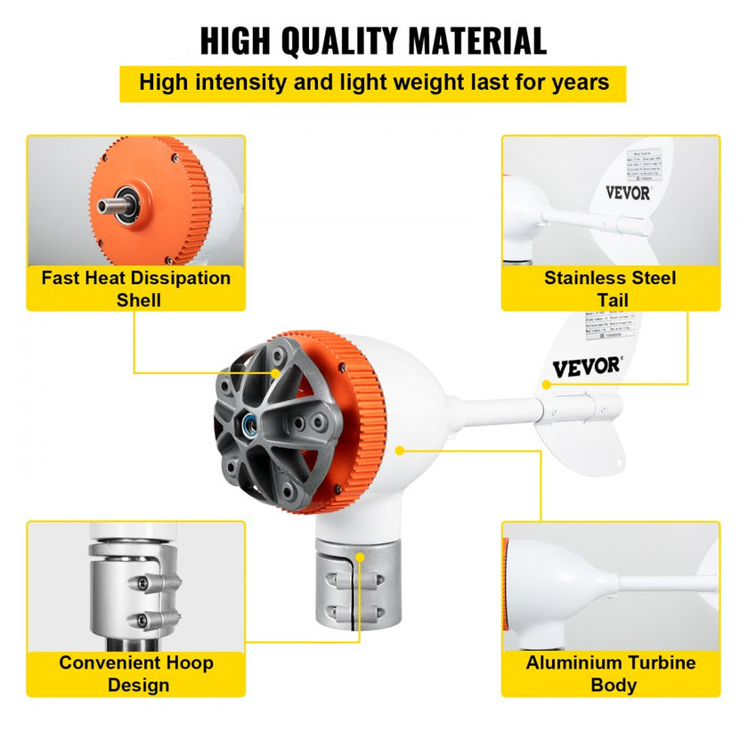VEVOR Wind Turbine Generator, 12V/AC Wind Turbine Kit, 500W Wind Power Generator With MPPT Controller 5 Blades Auto Adjust Windward Direction Suitable for Terrace, Marine, Motor Home, Chalet, Boat