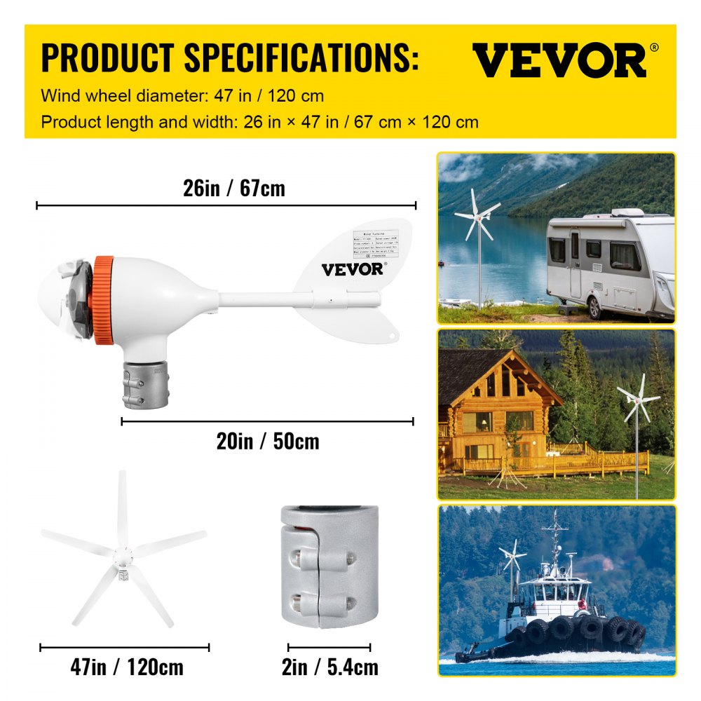 VEVOR Wind Turbine Generator, 12V/AC Wind Turbine Kit, 500W Wind Power Generator With MPPT Controller 5 Blades Auto Adjust Windward Direction Suitable for Terrace, Marine, Motor Home, Chalet, Boat