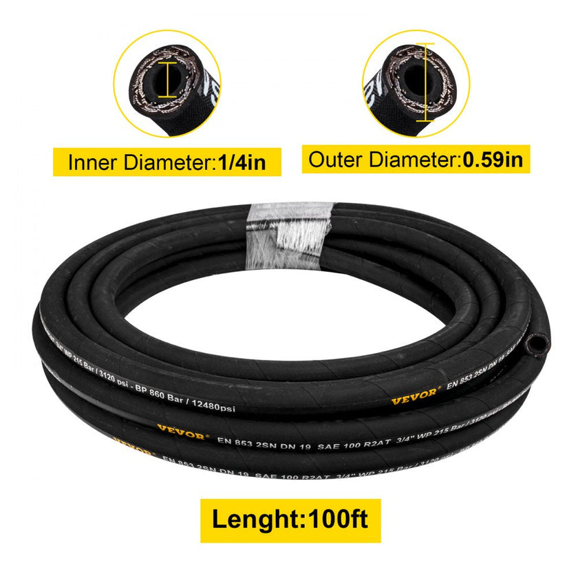VEVOR Hydraulic Hose 1/4 inch x 100 ft, Coiled Hydraulic Hose 5800 PSI, Rubber Hydraulic Hose with 2 High-Tensile Steel Wire Braid, Bulk Hydraulic Hose -20? to 140?, Hydraulic Oil Flexible Hose