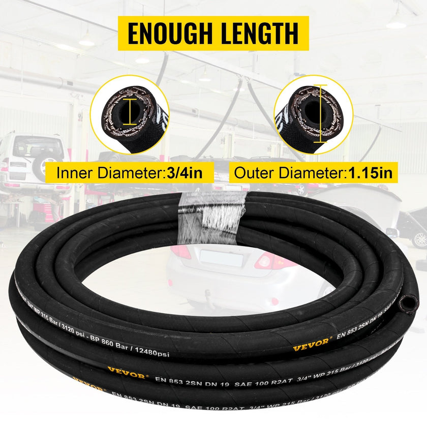 VEVOR Hydraulic Hose, Coiled Hydraulic Hose 50 ft, Bulk Hydraulic Hose 3120 PSI