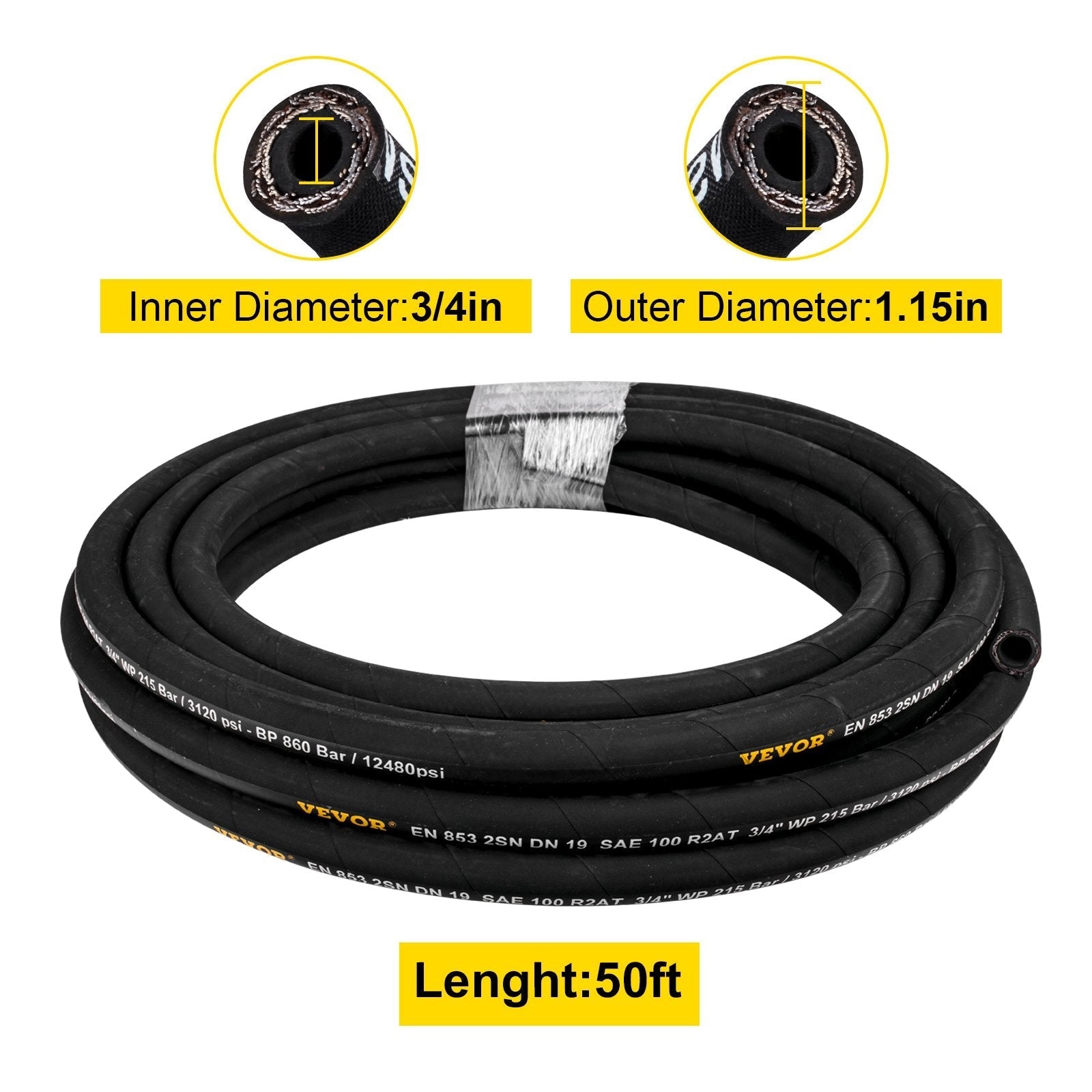 VEVOR Hydraulic Hose, Coiled Hydraulic Hose 50 ft, Bulk Hydraulic Hose 3120 PSI