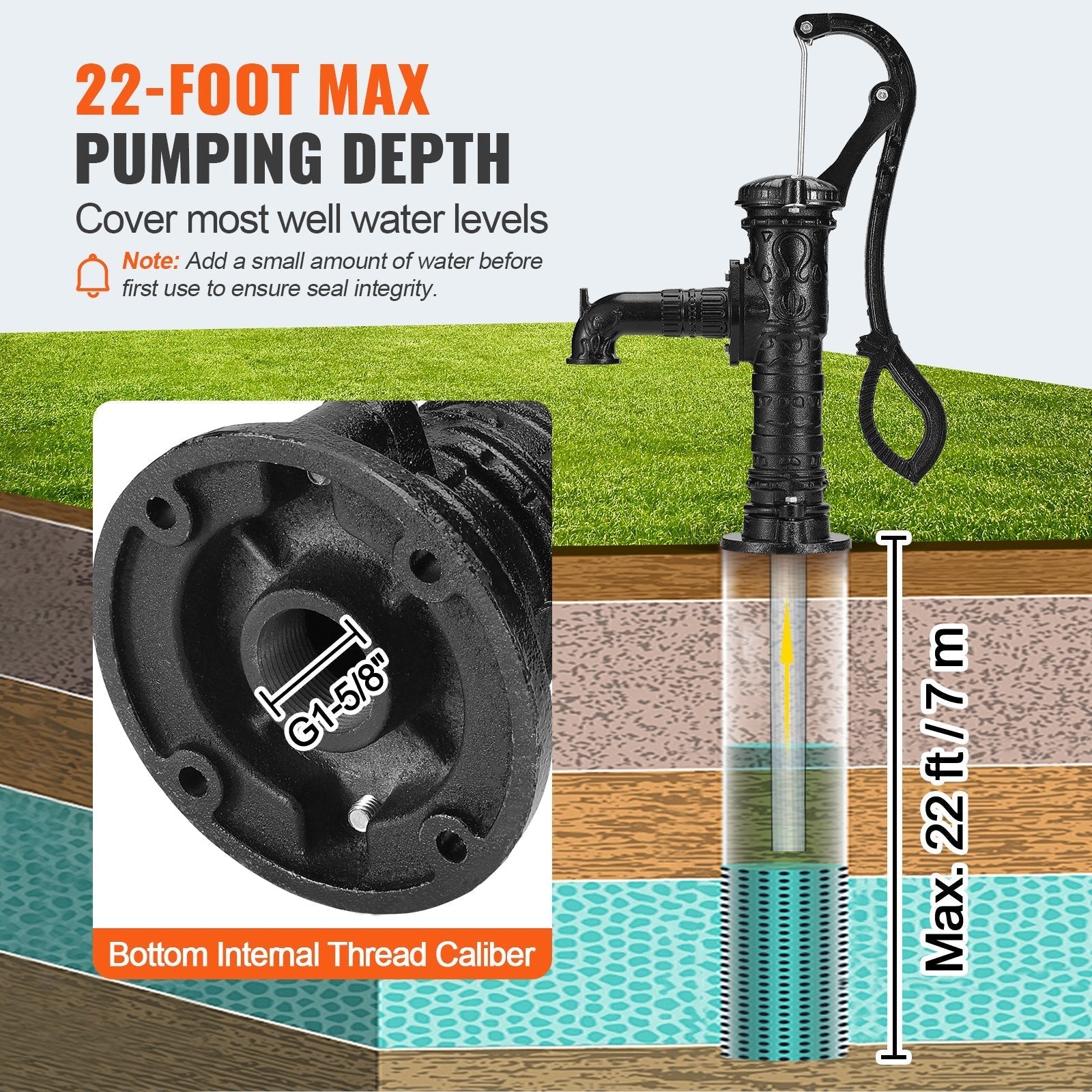 VEVOR Antique Well Hand Pitcher Pump, 22 ft Maximum Lift, Cast Iron Manual Hand Water Pump with Ergonomic Handle G1-5/8
