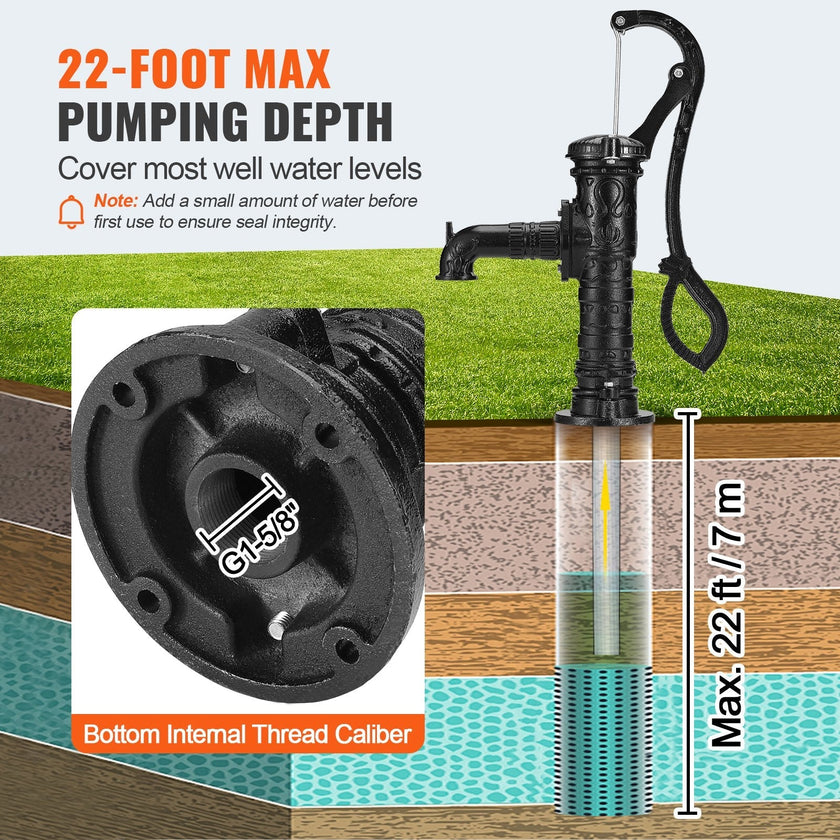 VEVOR Antique Well Hand Pitcher Pump, 22 ft Maximum Lift, Cast Iron Manual Hand Water Pump with Ergonomic Handle G1-5/8