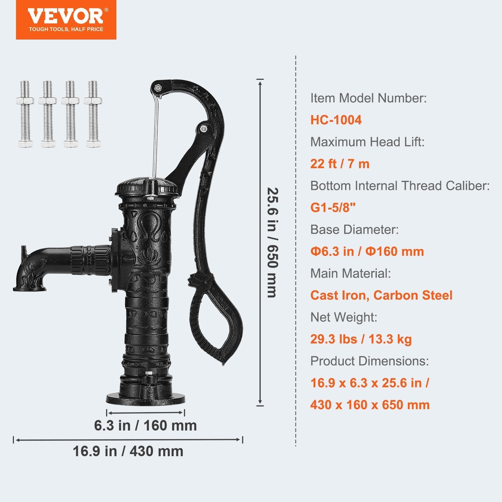 VEVOR Antique Well Hand Pitcher Pump, 22 ft Maximum Lift, Cast Iron Manual Hand Water Pump with Ergonomic Handle G1-5/8