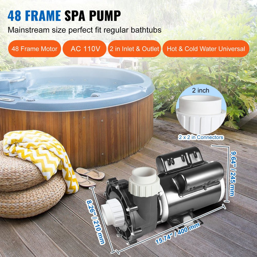 VEVOR 2 Speed SPA Pump, 48-Frame, AC 110-120V Hot Tub SPA Pump, 1.5HP/150GPM/42.65ft High Speed or 0.46HP/70GPM/9.18ft Low Speed, 2