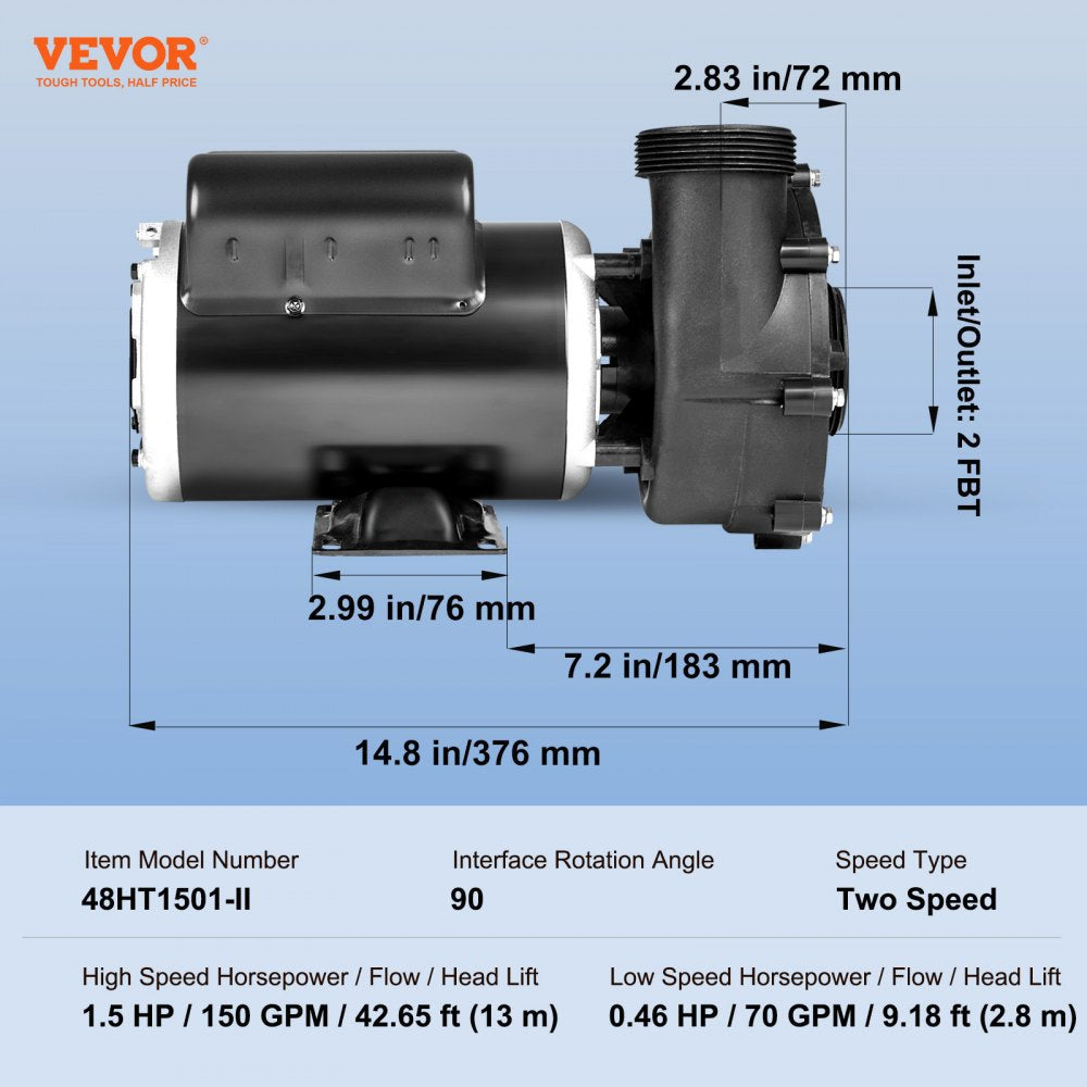 VEVOR 2 Speed SPA Pump, 48-Frame, AC 110-120V Hot Tub SPA Pump, 1.5HP/150GPM/42.65ft High Speed or 0.46HP/70GPM/9.18ft Low Speed, 2