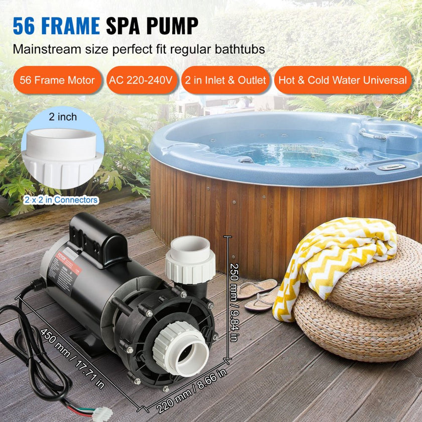 VEVOR 2 Speed SPA Pump, 56-Frame, AC 220-240V Hot Tub SPA Pump, 3HP/200GPM/65.61ft High Speed or 0.4HP/100GPM/16.07ft Low Speed, 2