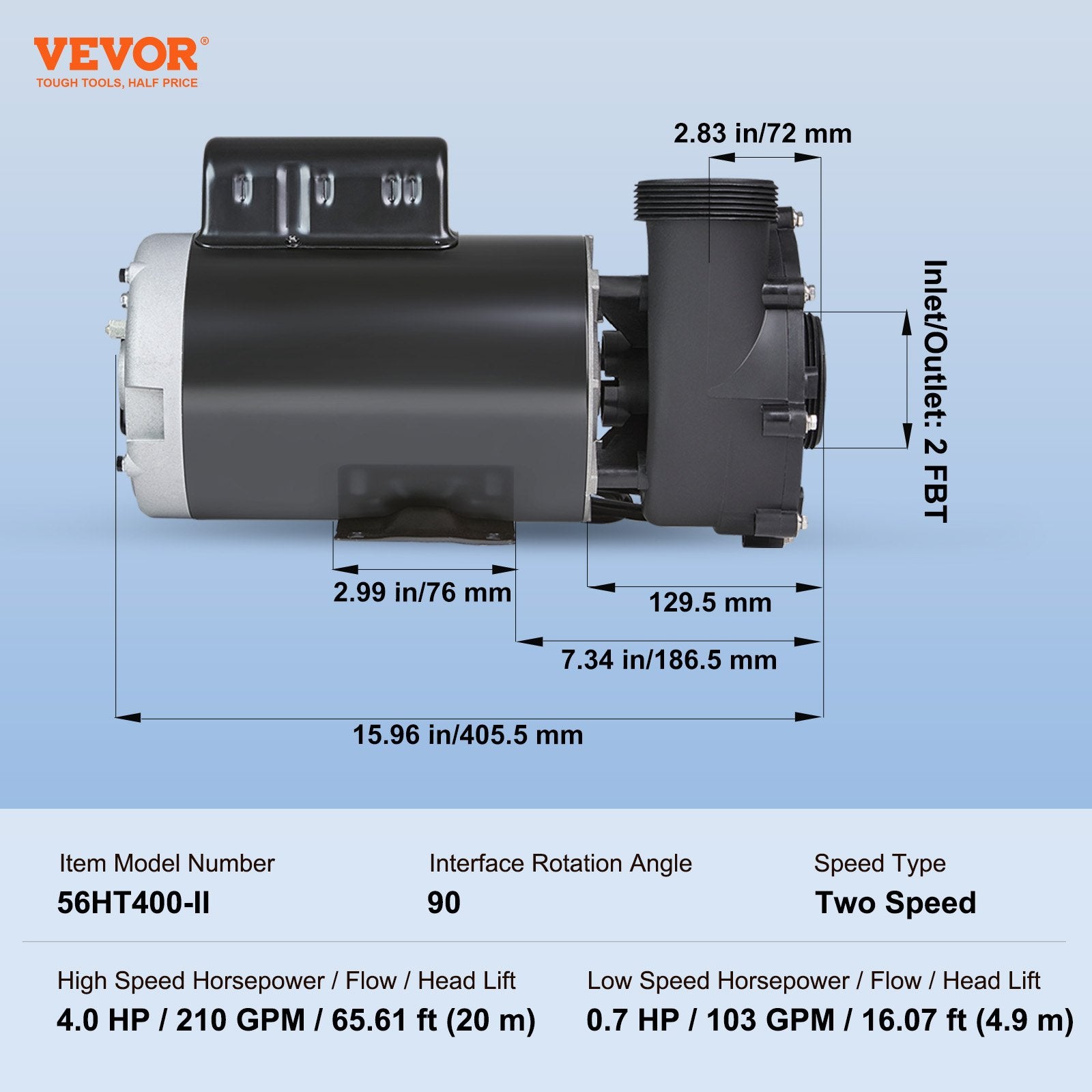 VEVOR 2 Speed SPA Pump, 56-Frame, AC 220-240V Hot Tub SPA Pump, 4HP/210GPM/65.61ft High Speed or 0.7HP/103GPM/16.07ft Low Speed, 2