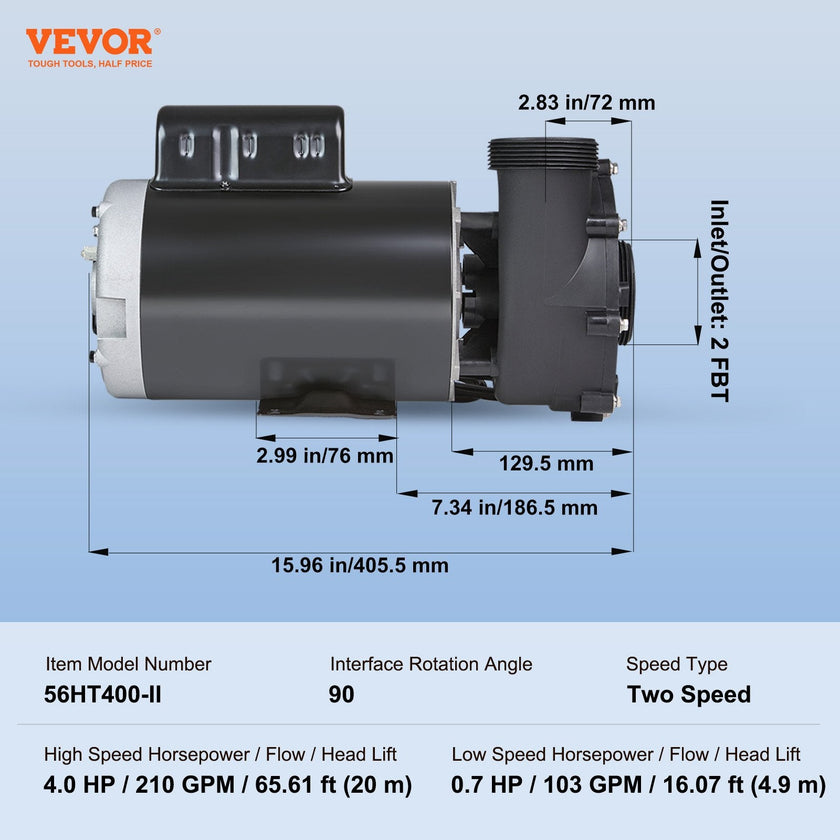 VEVOR 2 Speed SPA Pump, 56-Frame, AC 220-240V Hot Tub SPA Pump, 4HP/210GPM/65.61ft High Speed or 0.7HP/103GPM/16.07ft Low Speed, 2