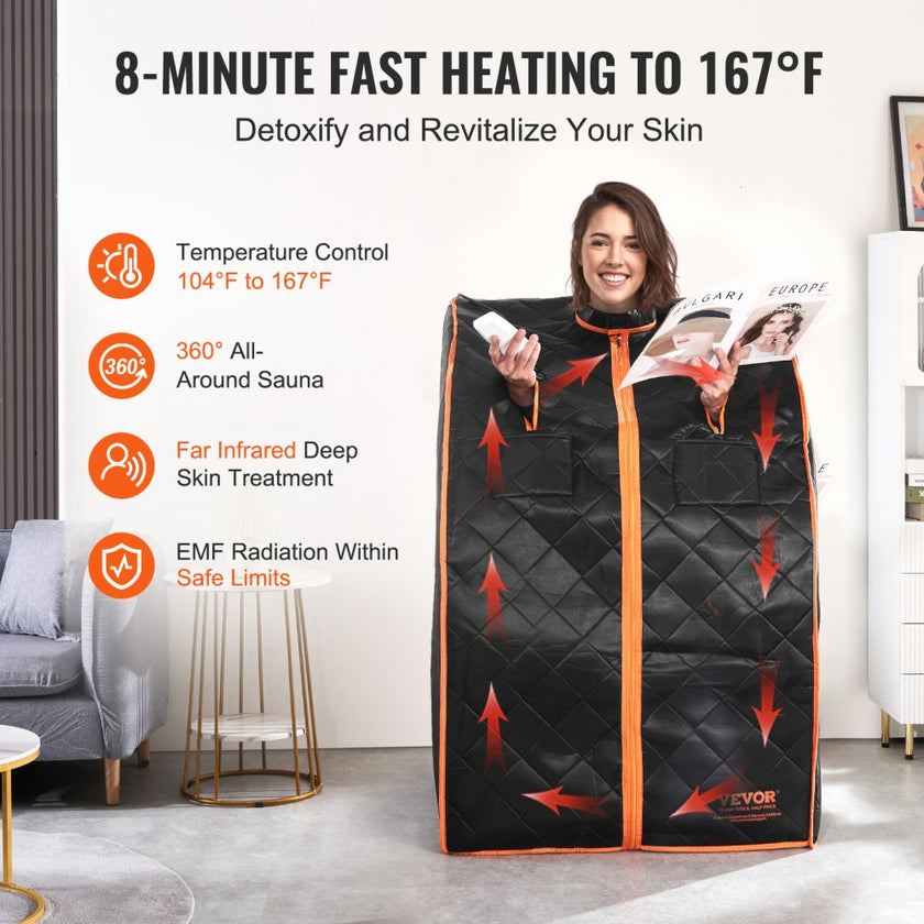 VEVOR Sauna Blanket for Detoxification, 1050W Portable Far Infrared Sauna Tent for Home, 104- 167?, 1-60 Minutes Timer , Personal Sauna Box for Home Spa Indoor Black 27.56 x 31.5 x 38.58 inch