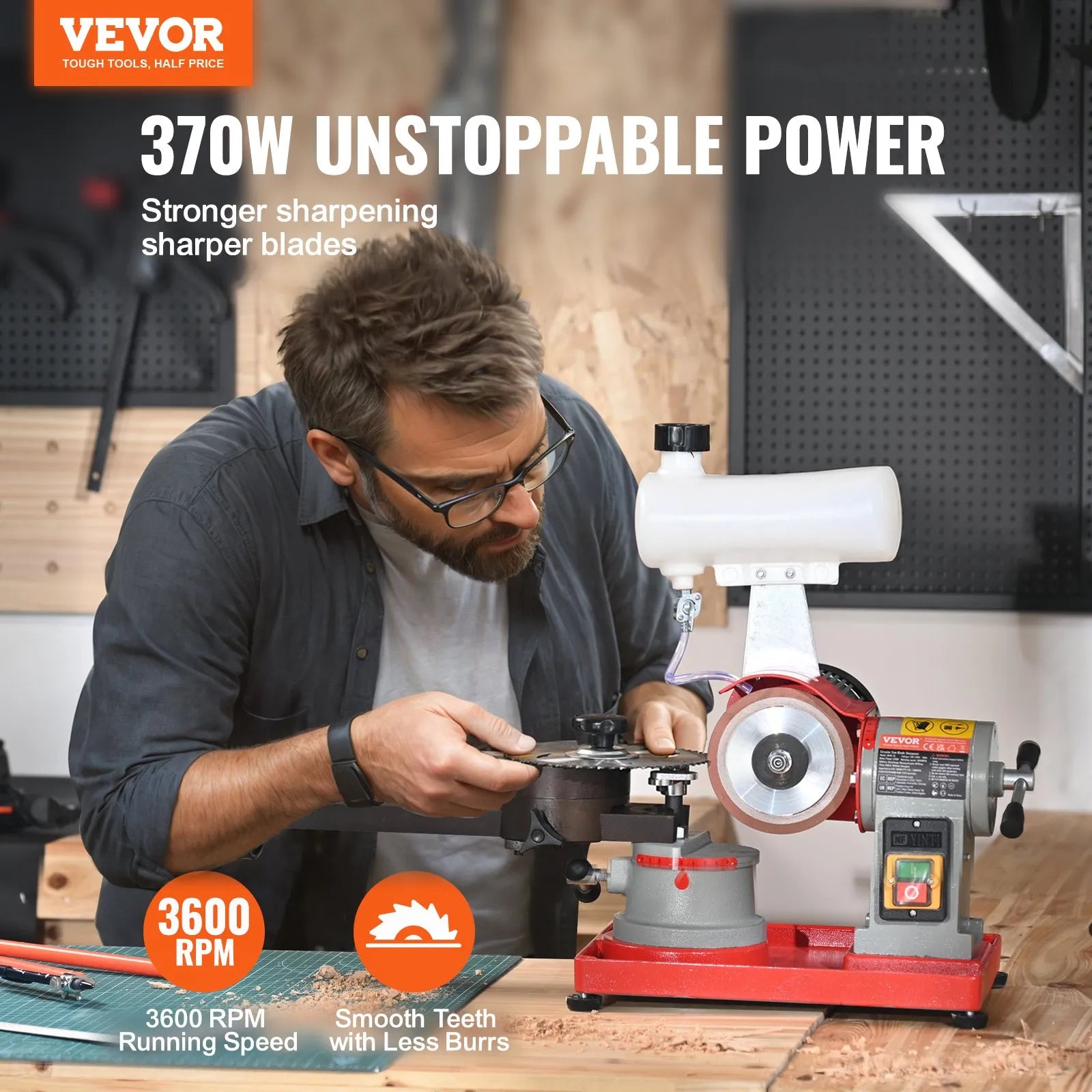 VEVOR Circular Saw Blade Sharpener, 370W Rotary Angle Mill Grinder with Water Tank, Water Injection Grinding Sharpening Machine & 6 Saw Centerings, 5-inch Grinding Wheel for Carbide Tipped Saw Blades