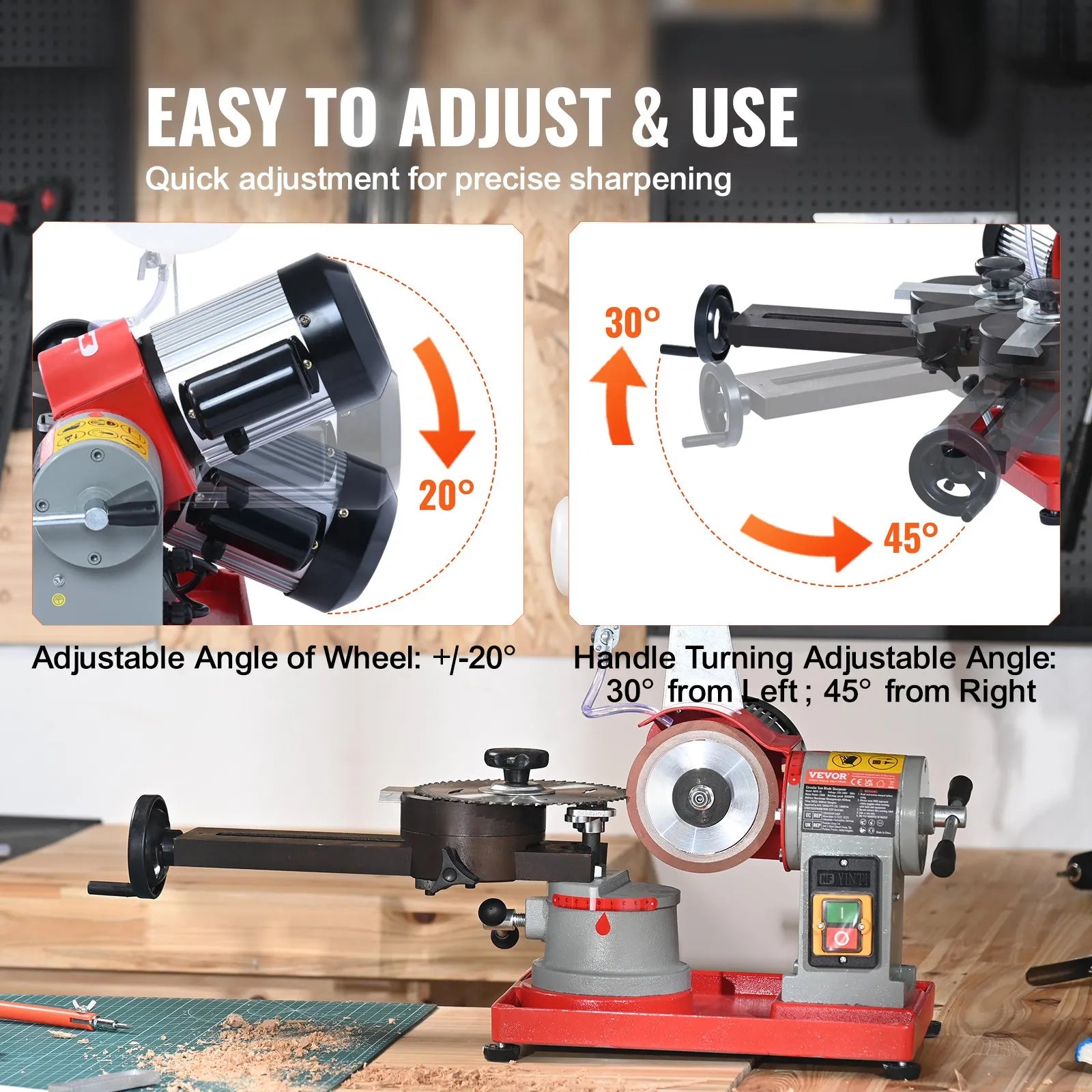VEVOR Circular Saw Blade Sharpener, 370W Rotary Angle Mill Grinder with Water Tank, Water Injection Grinding Sharpening Machine & 6 Saw Centerings, 5-inch Grinding Wheel for Carbide Tipped Saw Blades