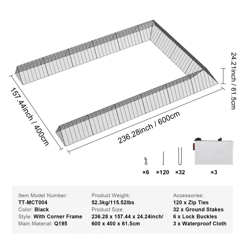 VEVOR Chicken Tunnels, 236.2 x 157.5 x 24.2 inch(LxWxH) Chicken Tunnels for Yard, Portable Chicken Tunnels for Outside with Corner Frames, 2 Sets, Suitable for Chickens, Ducks, Rabbits