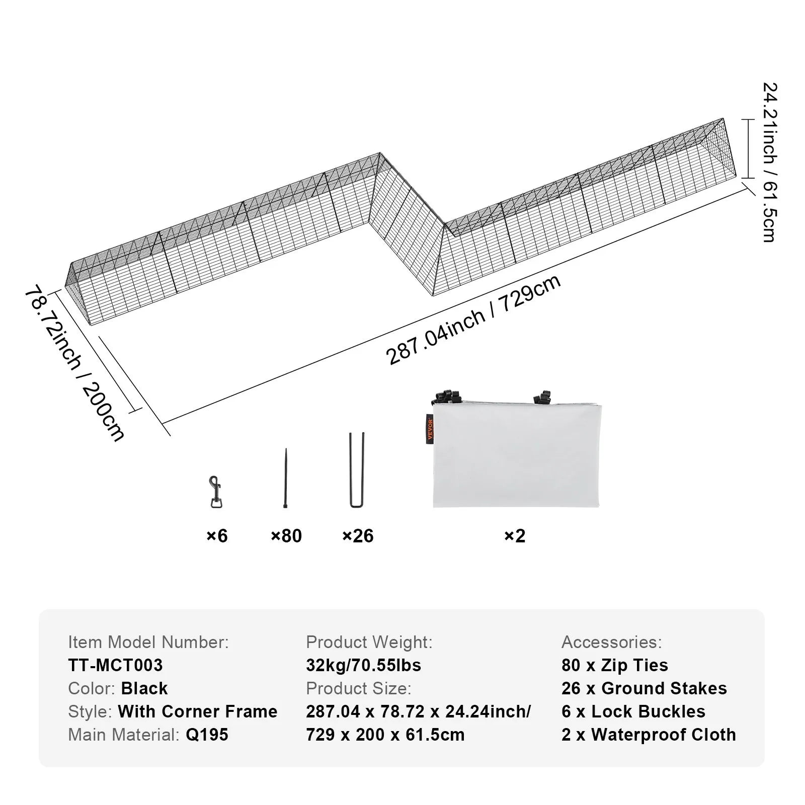 VEVOR Chicken Tunnels, 287 x 78.7 x 24.2 inch(LxWxH) Chicken Tunnels for Yard, Portable Chicken Tunnels for Outside with Corner Frames, 2 Sets, Suitable for Chickens, Ducks, Rabbits