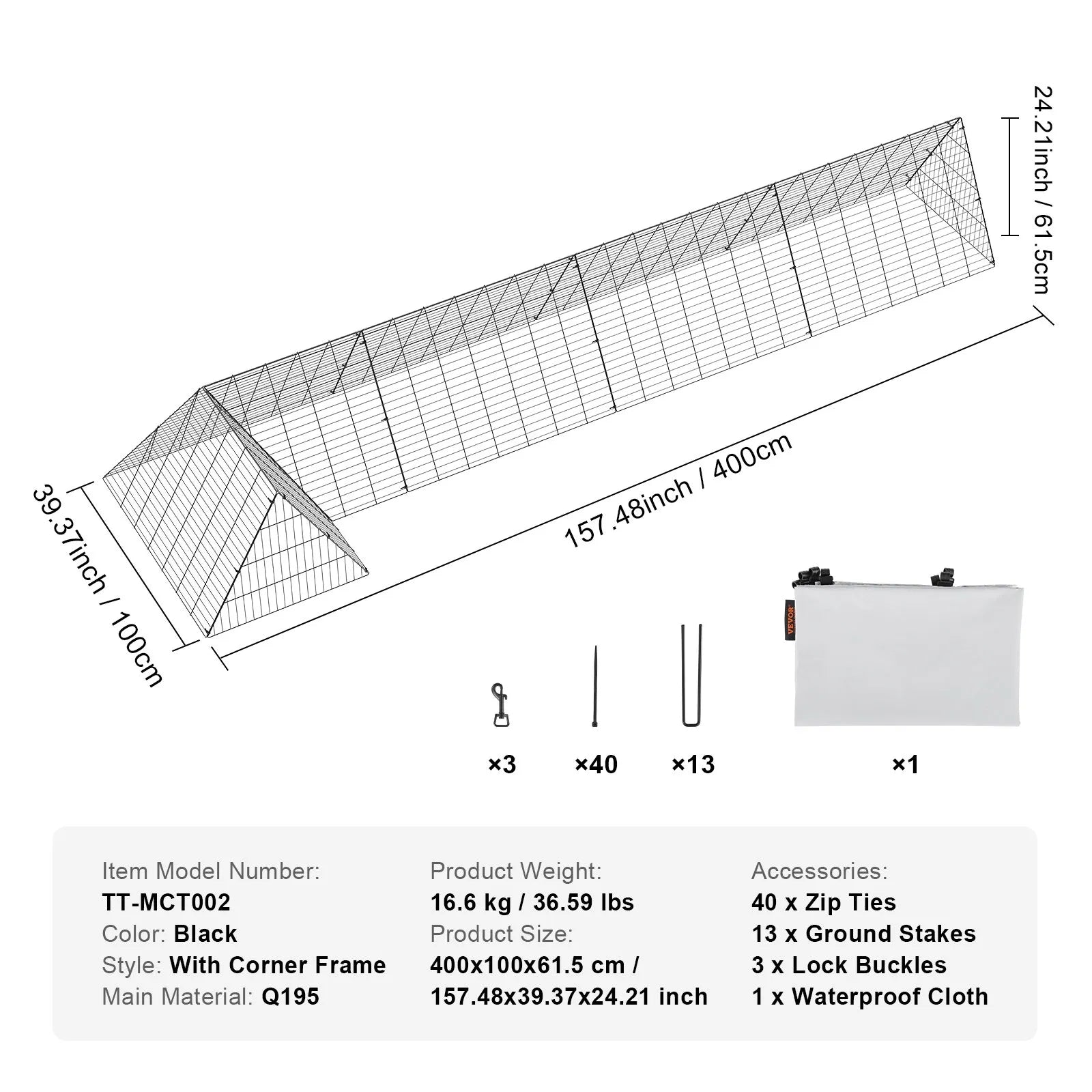 VEVOR Chicken Tunnels, 157.5 x 39.4 x 24.2 inch(LxWxH) Chicken Tunnels for Yard, Portable Chicken Tunnels for Outside with Corner Frames, Chicken Coop Run, Suitable for Chickens, Ducks, Rabbits