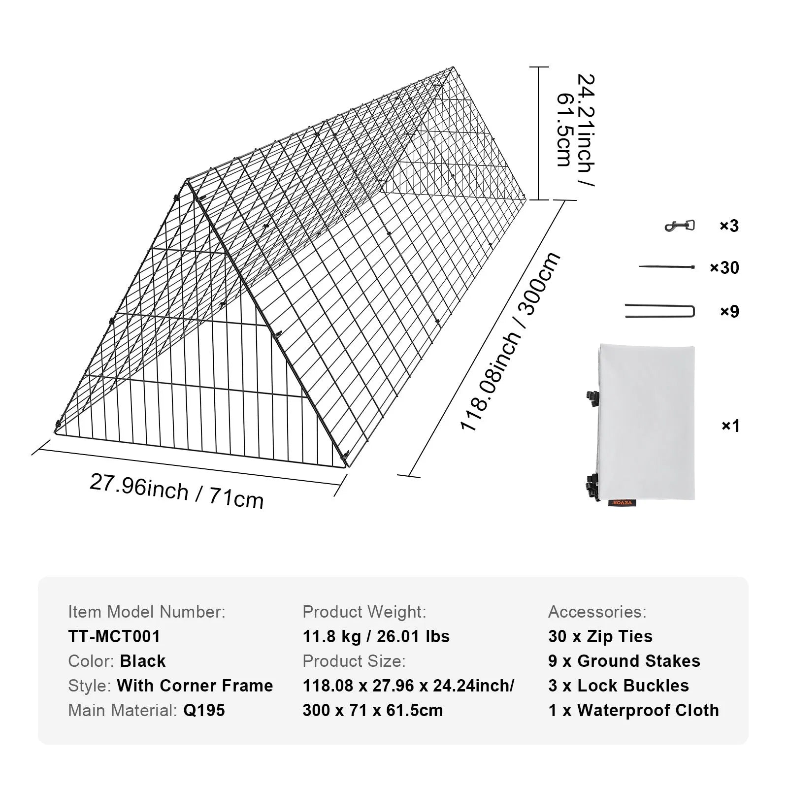 VEVOR Chicken Tunnels, 118.1 x 28 x 24.2 inch (LxWxH) Chicken Tunnels for Yard, Portable Chicken Tunnels for Outside Easy Installation, Chicken Coop Run, Suitable for Chickens, Ducks, Rabbits