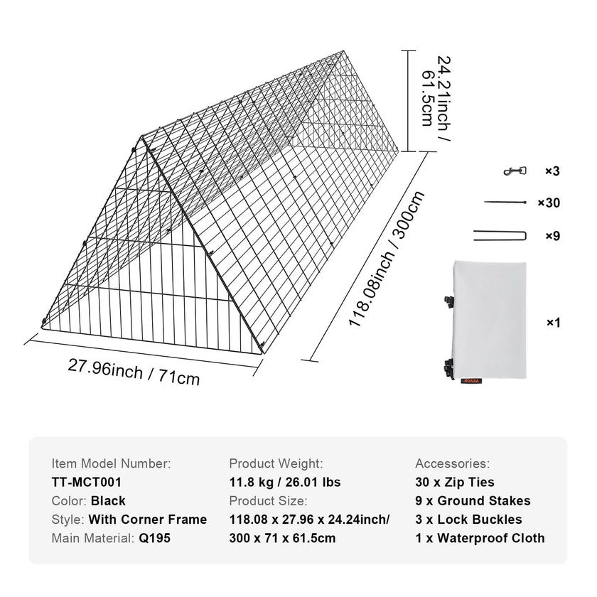 VEVOR Chicken Tunnels, 118.1 x 28 x 24.2 inch (LxWxH) Chicken Tunnels for Yard, Portable Chicken Tunnels for Outside Easy Installation, Chicken Coop Run, Suitable for Chickens, Ducks, Rabbits