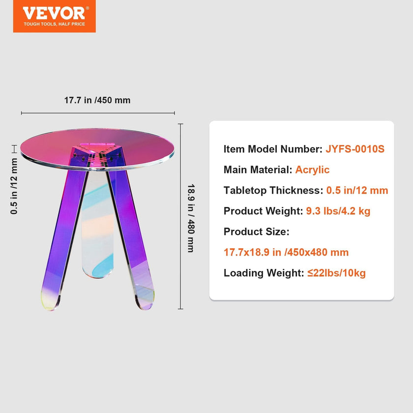 VEVOR Round Iridescent Side Table, Acrylic End Table, Clear Rainbow Acrylic Coffee Table for Drink, Food, Snack used in Living Room, Bedroom, and Study