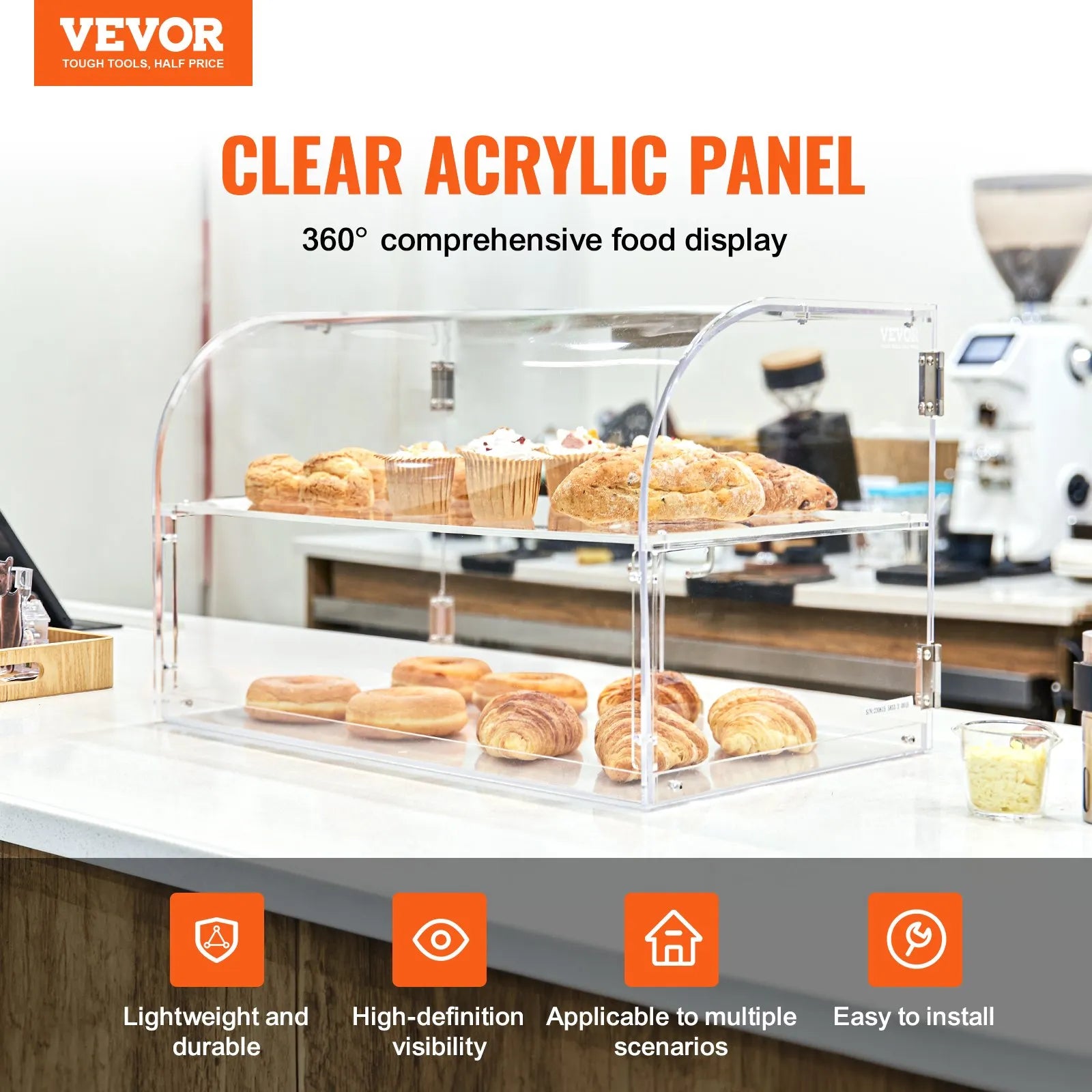 VEVOR Pastry Display Case, 2-Tier Commercial Countertop Bakery Display Case, Acrylic Display Box with Rear Door Access & Removable Shelves, Keep Fresh for Donut Bagels Cake Cookie, 22