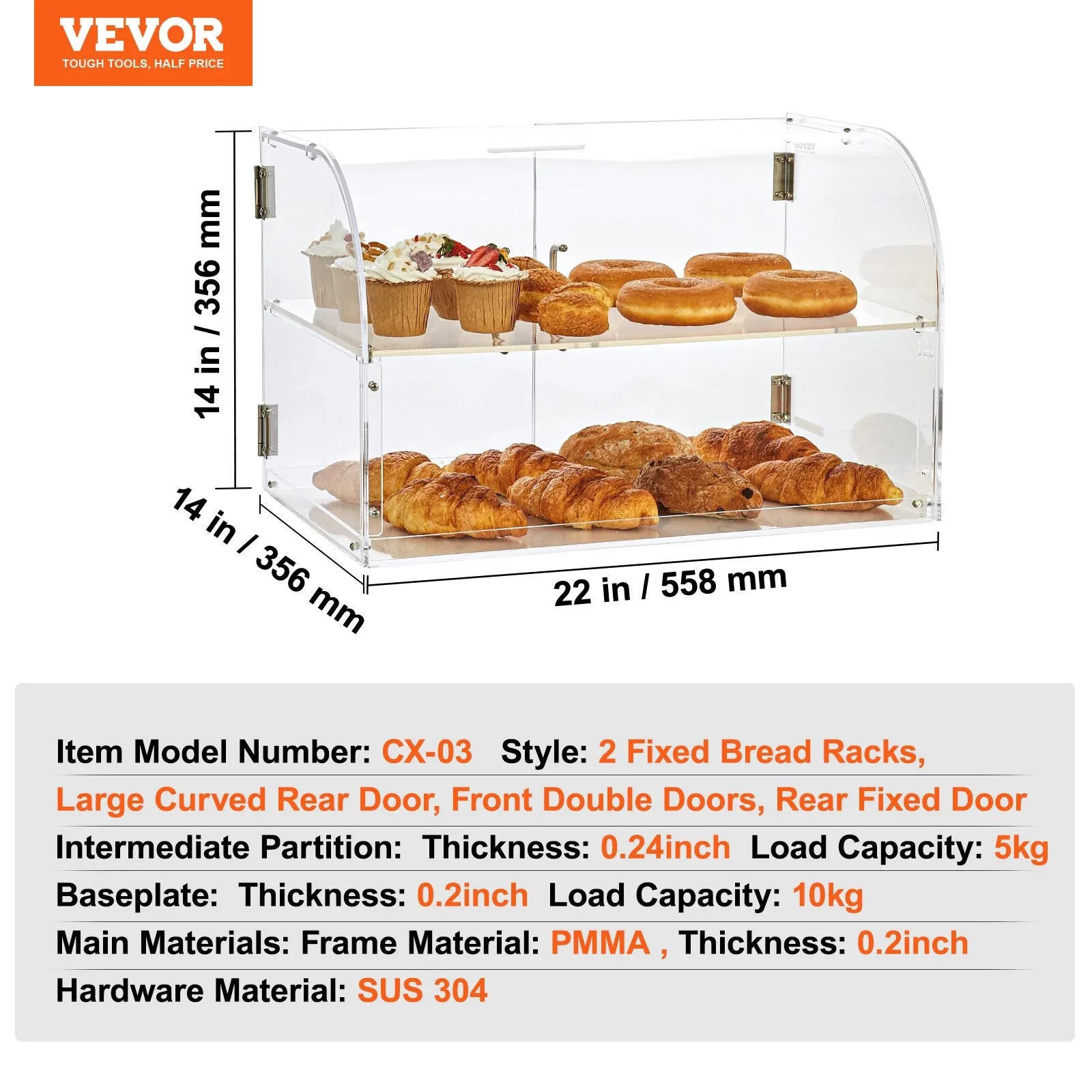 VEVOR Pastry Display Case, 2-Tier Commercial Countertop Bakery Display Case, Acrylic Display Box with Rear Door Access & Removable Shelves, Keep Fresh for Donut Bagels Cake Cookie, 22