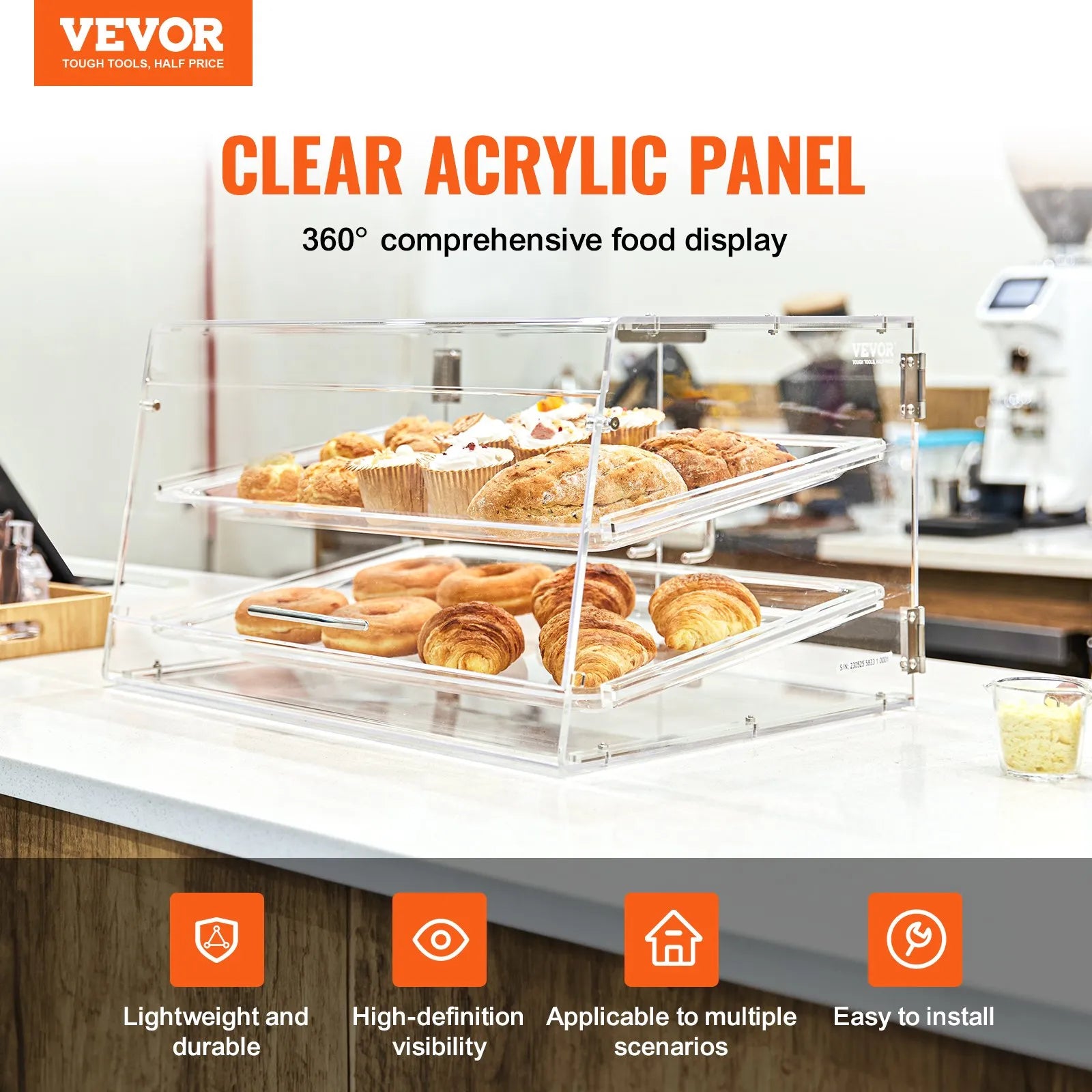 VEVOR Pastry Display Case, 2-Tier Commercial Countertop Bakery Display Case, Acrylic Display Box with Rear Door Access & Removable Shelves, Keep Fresh for Donut Bagels Cake Cookie, 20.7
