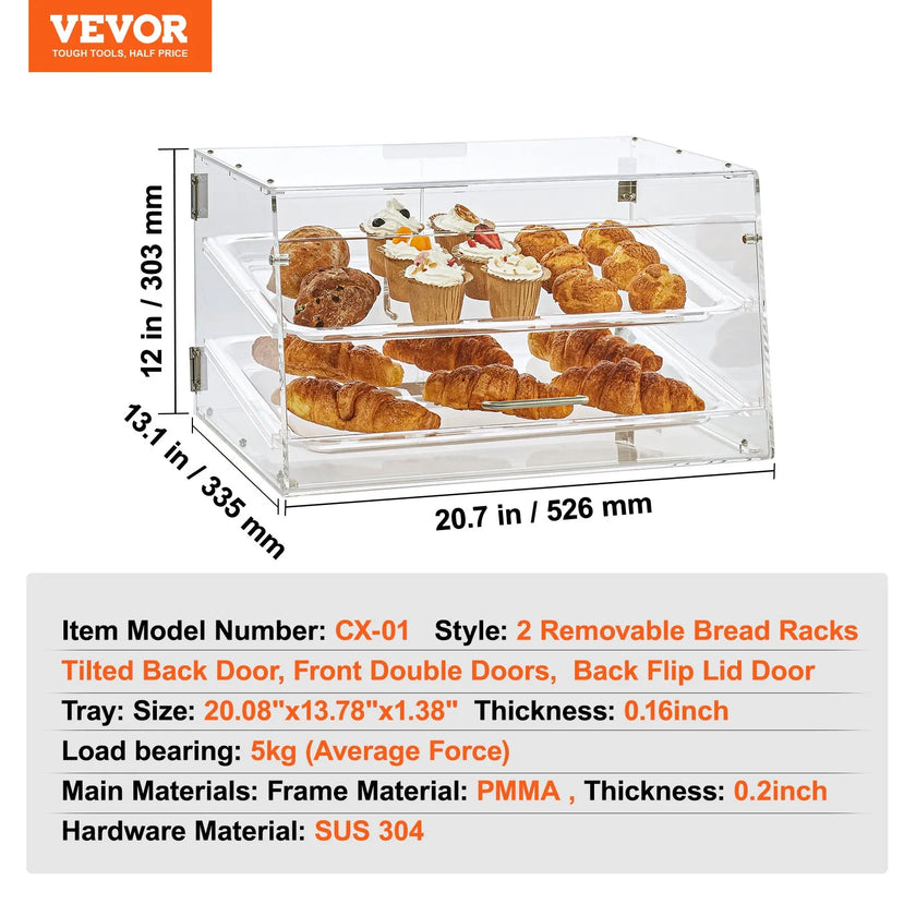 VEVOR Pastry Display Case, 2-Tier Commercial Countertop Bakery Display Case, Acrylic Display Box with Rear Door Access & Removable Shelves, Keep Fresh for Donut Bagels Cake Cookie, 20.7