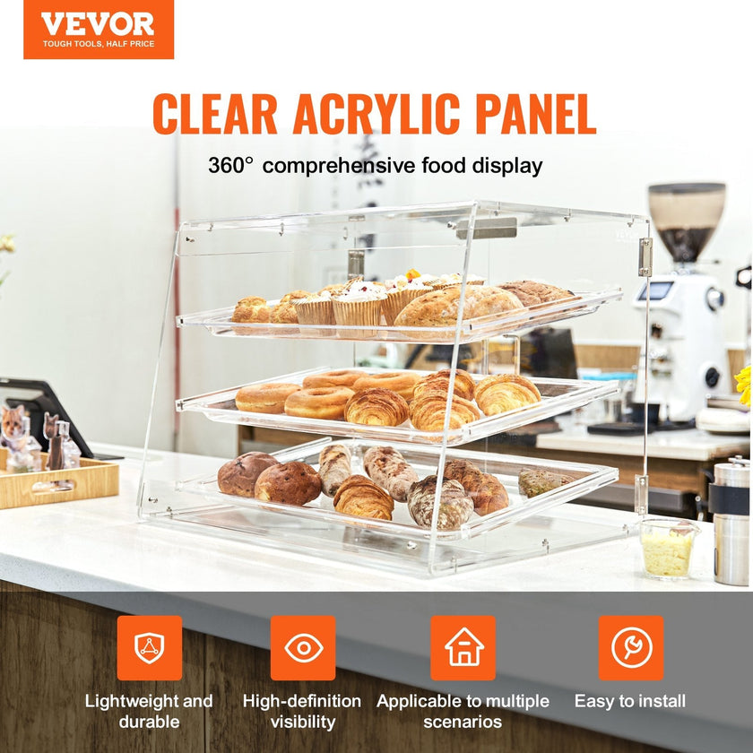 VEVOR Pastry Display Case, 3-Tier Commercial Countertop Bakery Display Case, Acrylic Display Box with Rear Door Access & Removable Shelves, Keep Fresh for Donut Bagels Cake Cookie, 20.7