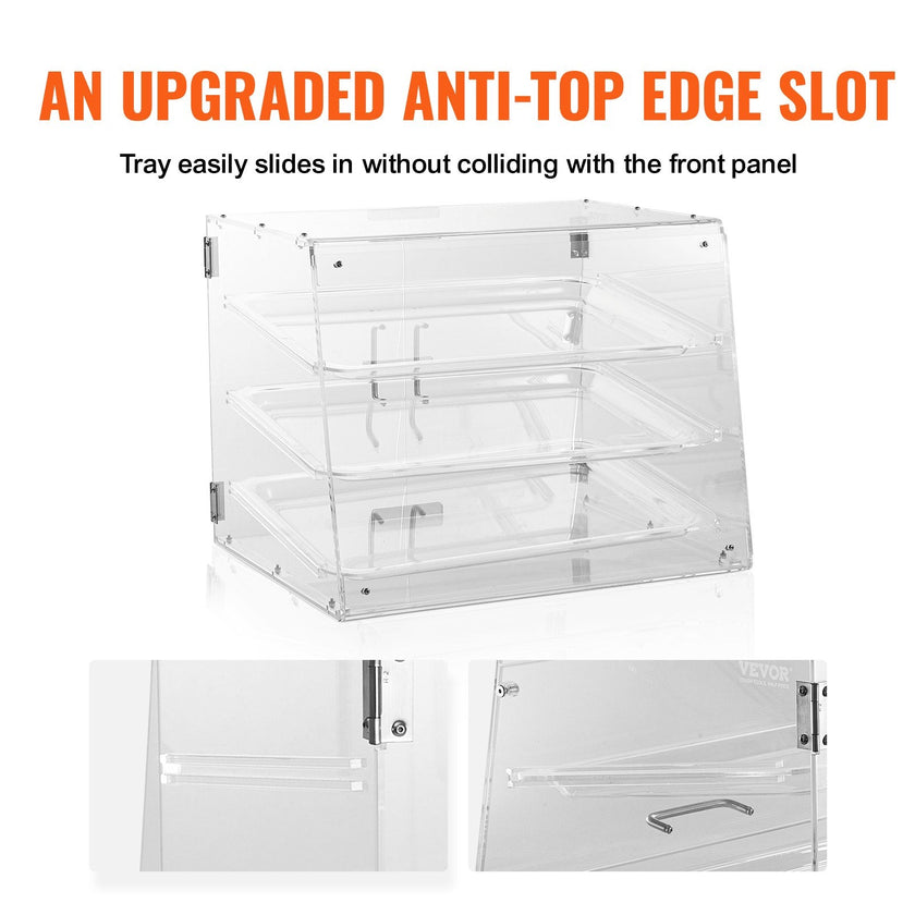 VEVOR Pastry Display Case, 3-Tier Commercial Countertop Bakery Display Case, Acrylic Display Box with Rear Door Access & Removable Shelves, Keep Fresh for Donut Bagels Cake Cookie, 20.7