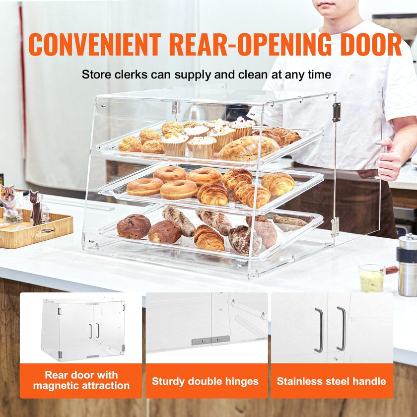 VEVOR Pastry Display Case, 3-Tier Commercial Countertop Bakery Display Case, Acrylic Display Box with Rear Door Access & Removable Shelves, Keep Fresh for Donut Bagels Cake Cookie, 20.7